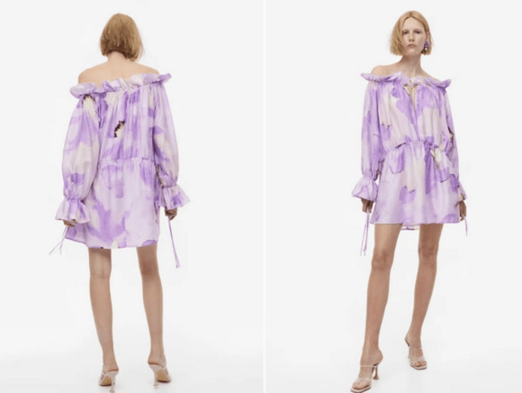H&M Dresses & Skirts - H&M Dress Mini Purple Flower Hour Ruffle Long Sleeve Boho Feminine Preppy Boho